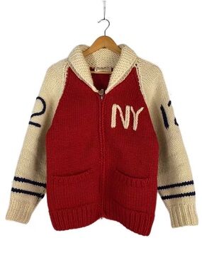 Vintage Red and Cream Zip-Up Shawl Collar Sweater with NY Chest